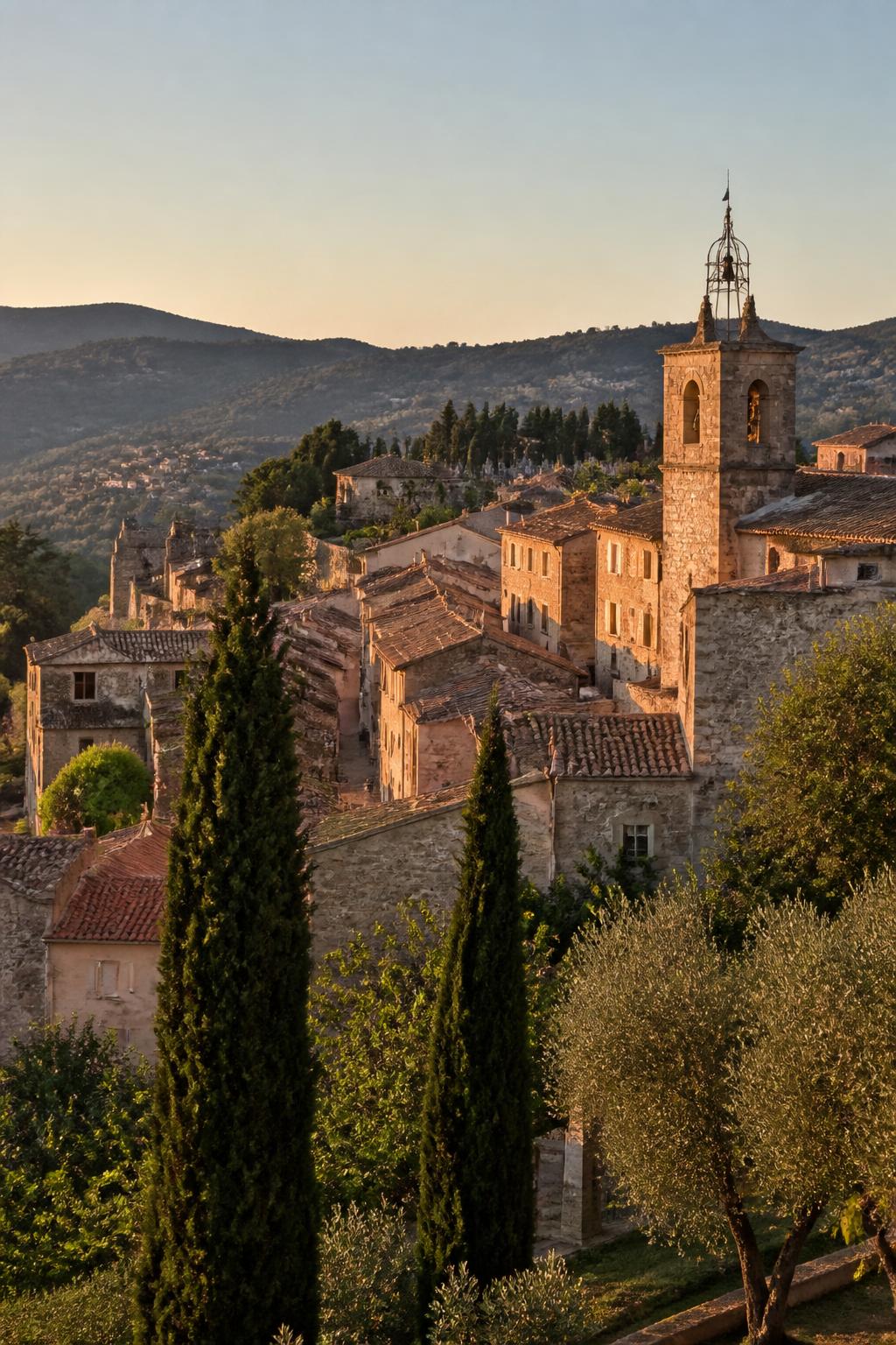 Village perché du pays de Grasse au coucher du soleil